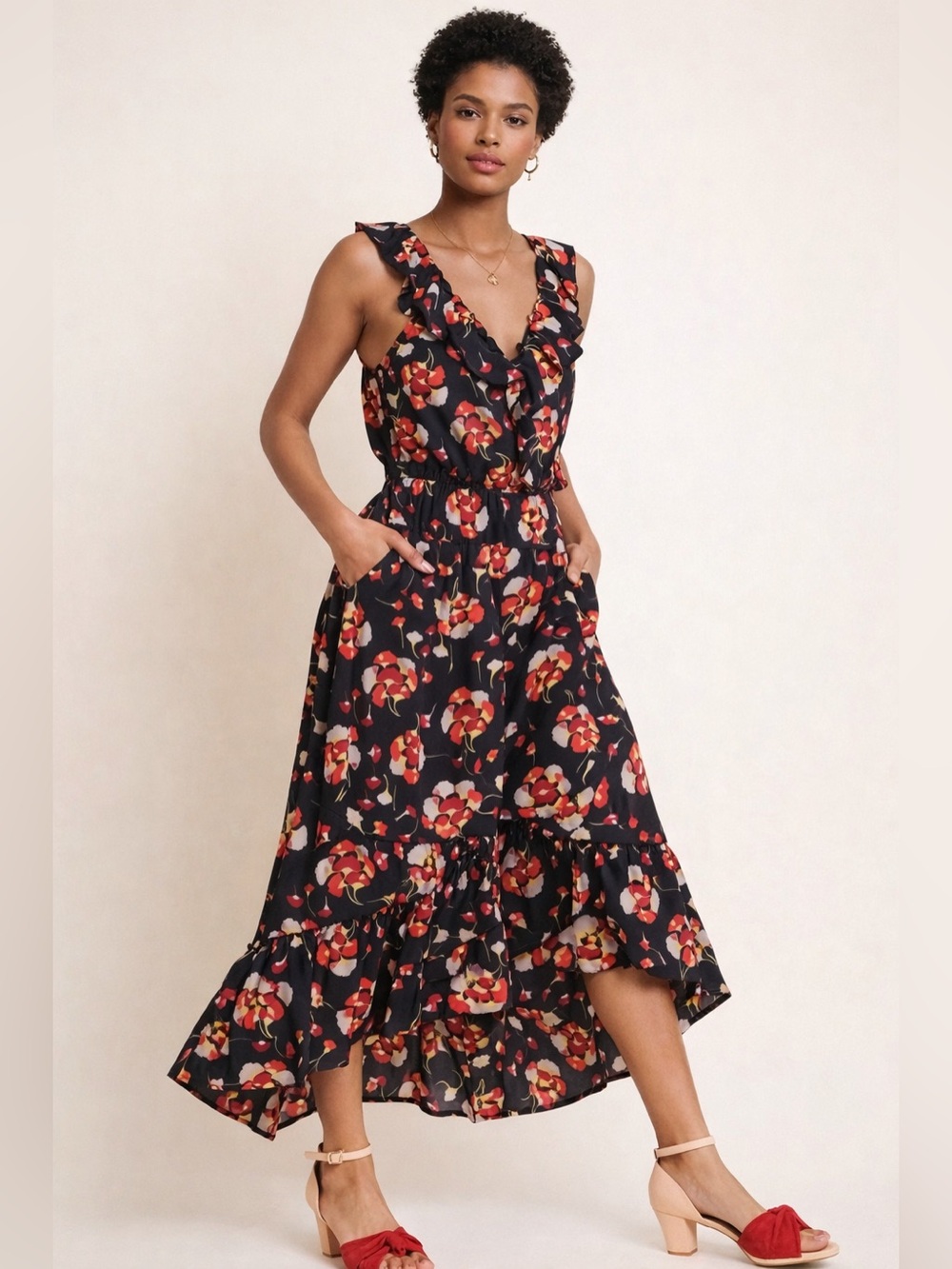 Scotch & Soda Souvenir Floral Sleeveless Maxi Dress Black Red Ruffle XS